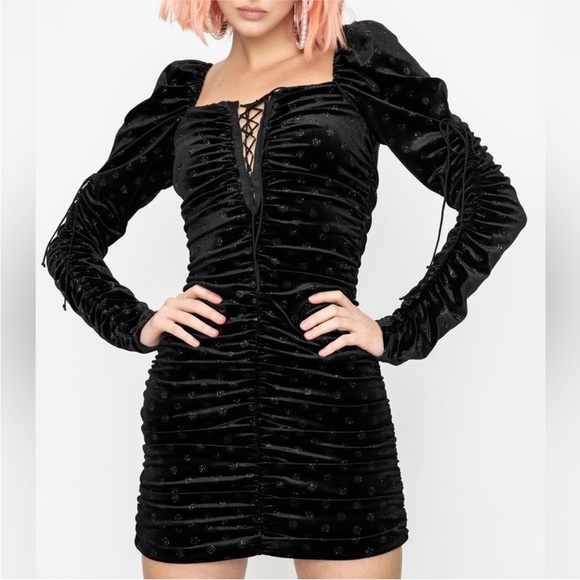 For Love and Lemons Lola Velvet Ruched Black Sparkly Mini Dress - Picture 1 of 16